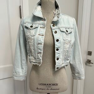 Light Blue Distressed Cropped Denim Jacket